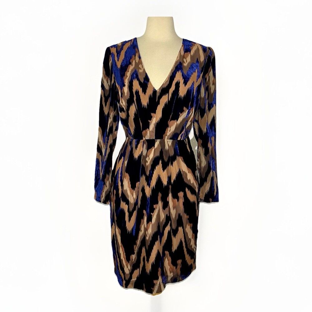 Harlyn Burnout Velvet Long Sleeve Cocktail Dress Size M Taupe Royal Blue Zig Zag